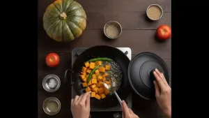 चिरलेल्या हिरव्या मिरच्या आणि भोपळा पॅनमध्ये घालून, मीठ, ढवळून, झाकण ठेवून 5 मिनिटे थोडे मऊ होईपर्यंत शिजवावे