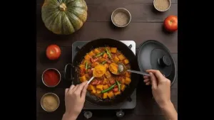 चिरलेला टोमॅटो, हळद, लाल मिरची पावडर आणि धने पावडर भोपळ्यात घालून, चांगले मिसळा आणि पूर्णपणे मऊ आणि चवदार होईपर्यंत शिजवा.