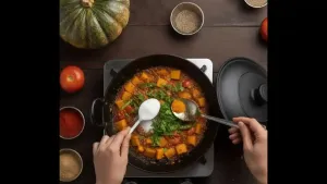 गोड-मसालेदार चव साठी पर्यायी 2 चमचे साखर जोडली; चिरलेली ताजी कोथिंबीर वर शिंपडली आणि गॅस बंद करण्यापूर्वी मिसळा."