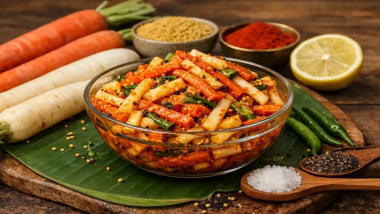 गाजर, मुळा, लिंबू याशिवाय एका भांड्यात गाजर मुळा लोणचे