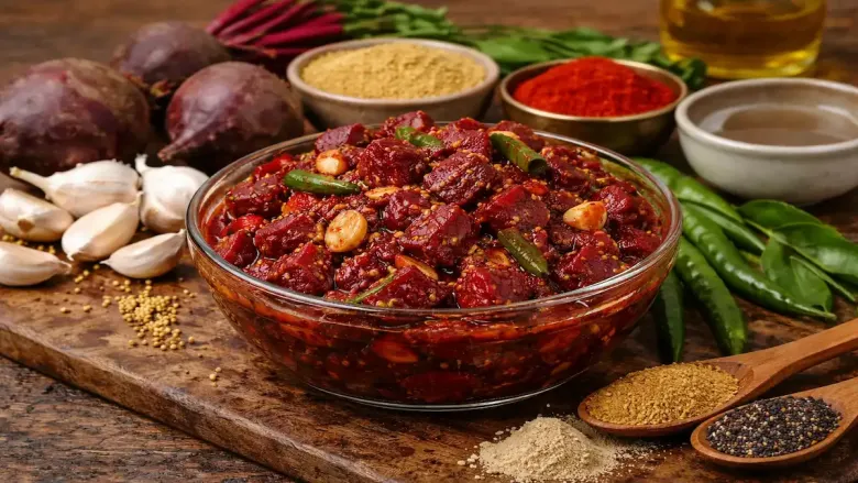 काही मसाल्यांच्या व्यतिरिक्त भांड्यात बीटरूटचे लोणचे