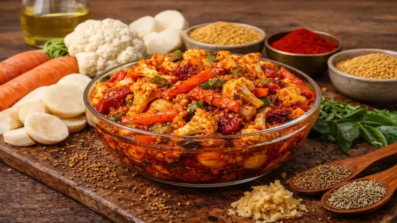 एका वाडग्यात काही फुलकोबी आणि मसाले बाजूला ठेवून सलगम नावाच्या फुलकोबीचे लोणचे