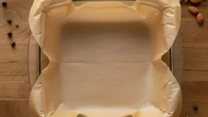 नट आणि चॉकलेट चिप्ससह लाकडी टेबलवर चर्मपत्र-रेषा असलेली बेकिंग डिश.