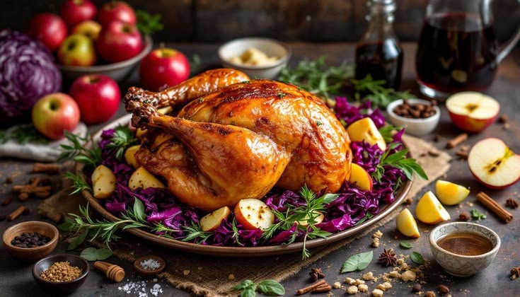 यात हे असू शकते: सफरचंद, क्रॅनबेरी आणि मसाल्यांसह प्लेटवर भाजलेले टर्की