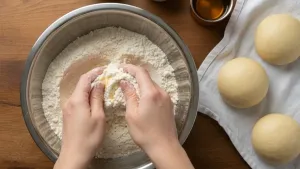 पाटावर कणकेचे गोळे लाटणे