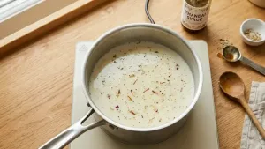 दूध हलके गरम करा, ज्योत बंद करा आणि पूर्णपणे थंड होऊ द्या जेणेकरून मूसला परिपूर्ण पोत मिळेल.