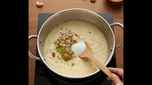 दूध निम्मे झाल्यावर त्यात साखर, वेलची पावडर आणि चिरलेला ड्रायफ्रूट्स घाला; मंद आचेवर घट्ट होईपर्यंत शिजवा आणि थंड होण्यासाठी बाजूला ठेवा.