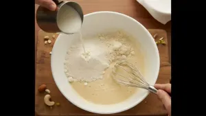 एका वाडग्यात मैदा, रवा आणि खवा मिक्स करा, नंतर हळूहळू दूध घालून गुळगुळीत पीठ बनवा आणि 10-15 मिनिटे विश्रांती द्या.