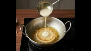 गरम तुपात एक पुडीभर पीठ घाला आणि दोन्ही बाजूंनी सोनेरी तपकिरी आणि किंचित कुरकुरीत होईपर्यंत तळा.