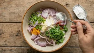 कांद्यामध्ये 1 कप बेसन घाला, नंतर त्यात हळद, लाल तिखट, कॅरम दाणे, धणे पूड आणि चवीनुसार मीठ मिसळा.