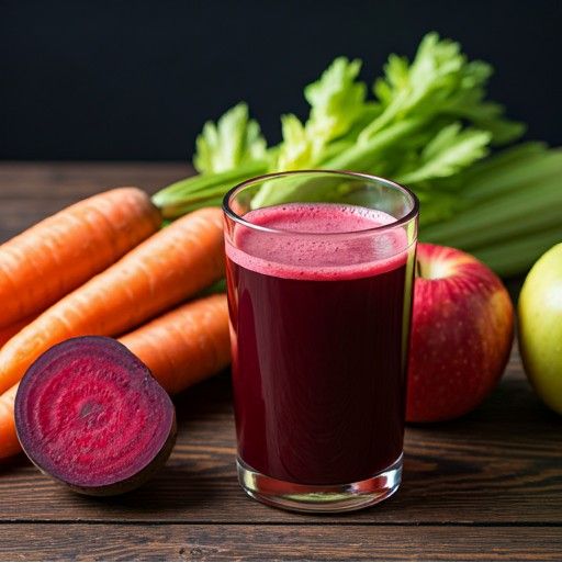 यात हे असू शकते: गाजर, सेलेरी आणि सफरचंद टेबलवर काही रस घेऊन आहेत