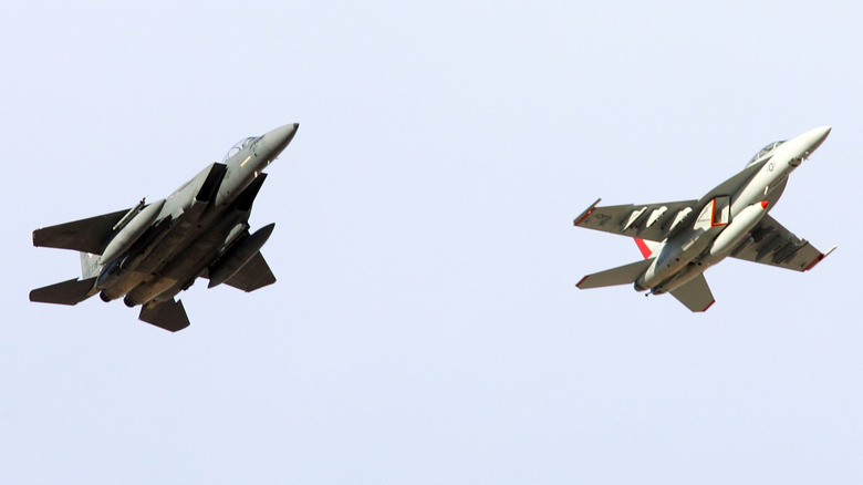 फ्लाइटमध्ये F-15E स्ट्राइक ईगल आणि F/A-18 सुपर हॉर्नेट