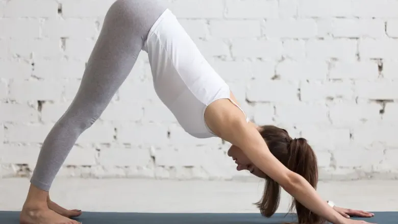 डाउनवर्ड फेसिंग डॉग (अधो मुख स्वानासन) योगासन करणारी व्यक्ती जमिनीवर हात आणि पाय ठेवून, नितंब उंचावत आहे.