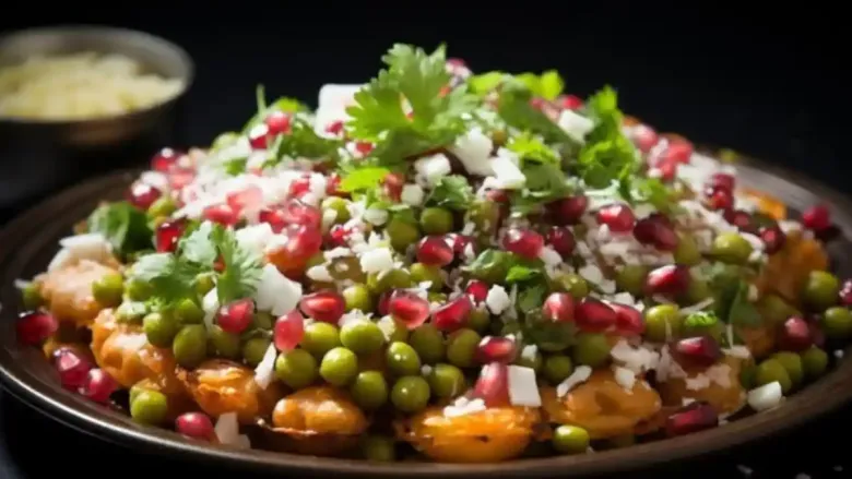 चिरलेल्या भाज्या, चाट मसाला, मलईदार दही, मिरचीचे तेल आणि ताजे धणे सह उकडलेले स्प्राउट्स गॉरमेट-स्टाईल स्प्राउट चाटसाठी.