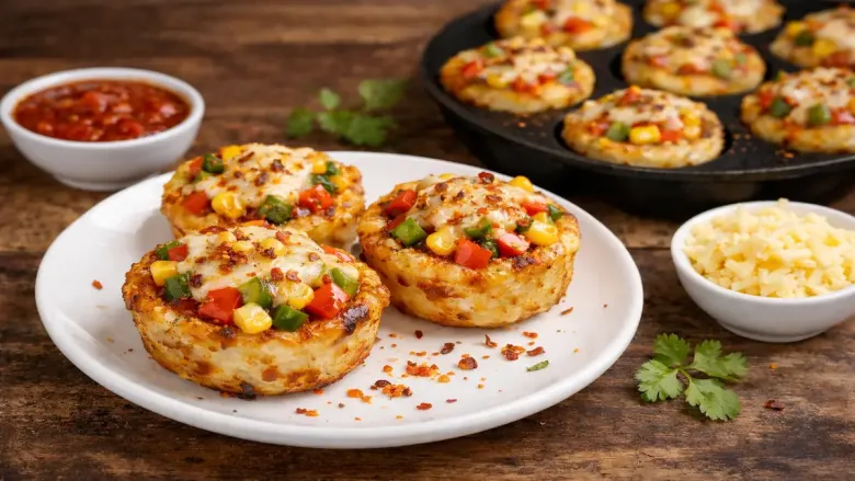 कुरकुरीत बटाटा पिझ्झा कप, रंगीबेरंगी भाज्या आणि पांढऱ्या प्लेटवर वितळलेले चीज, पार्श्वभूमीत डिपिंग सॉस आणि किसलेले चीज.