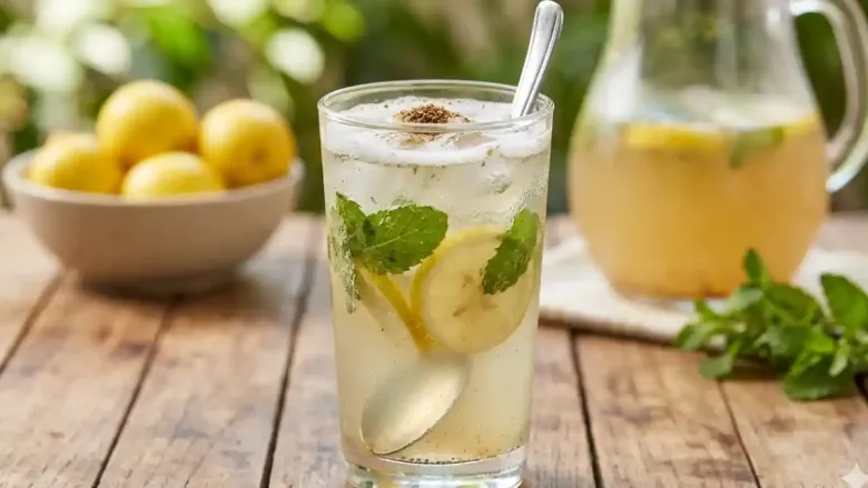 बर्फाचे तुकडे, पुदिन्याची पाने आणि लिंबाच्या कापांनी भरलेला निंबू शिकंजी (भारतीय लिंबूपाणी) चा ताजेतवाने ग्लास.