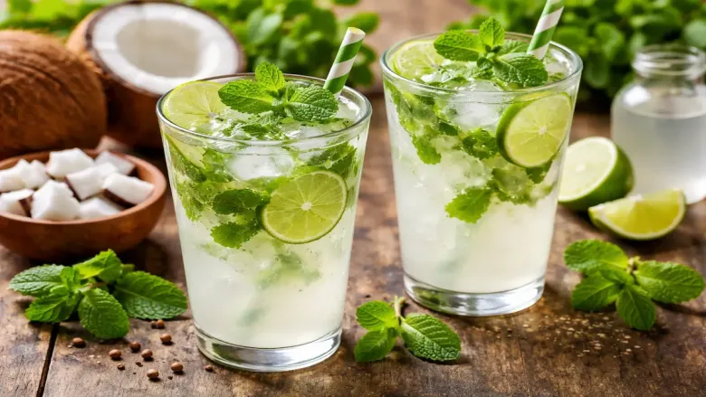 पार्श्वभूमीत नारळ आणि लिंबू असलेल्या लाकडी टेबलावर ठेवलेल्या नारळाच्या पुदिन्याचे दोन ग्लास कूलर, लिंबाचे तुकडे, पुदिन्याची ताजी पाने आणि बर्फ.