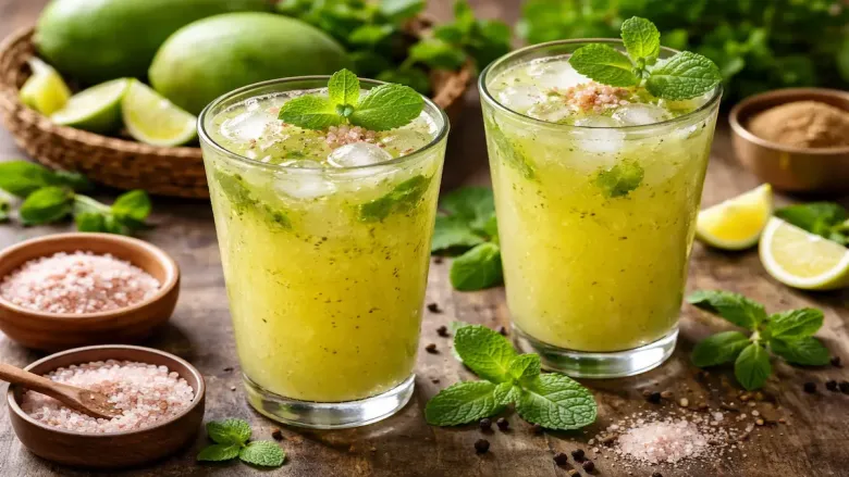 मीठासोबत लाकडी टेबलावर आम पन्ना रिफ्रेश करत आहे