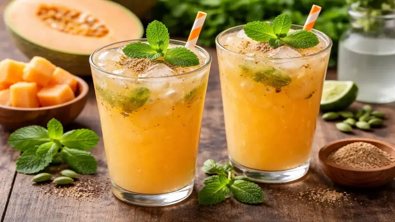 दोन ग्लास खरबूज वेलची थंडगार बर्फ, पुदिन्याची पाने आणि वेलचीचा एक शिंपडा, पार्श्वभूमीत कापलेले खरबूज आणि मसाले असलेल्या लाकडी टेबलावर ठेवलेले.