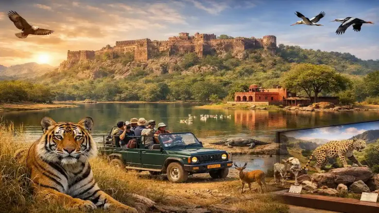 राजस्थानच्या रणथंबोर राष्ट्रीय उद्यानात सूर्यास्ताच्या वेळी रणथंबोर किल्ल्याजवळील तलावाजवळ सफारी जीपजवळ विश्रांती घेत असलेला वाघ.