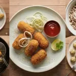 एका प्लेटवर क्रोकेट्स व्यवस्थित करा, कोबी आणि काकडीच्या पट्ट्याने सजवा आणि टोमॅटो केचपसह गरम सर्व्ह करा.