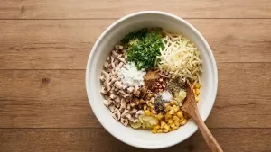 मिश्रणात चिरलेली कोथिंबीर, किसलेले चीज, कॉर्नफ्लोअर, चाट मसाला, ठेचलेली लाल मिरची, सुकी ओरेगॅनो, मीठ आणि काळी मिरी घालून चांगले एकत्र करा.