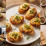 सर्व्हिंग प्लेटवर ताजे भाजलेले चीझी कॅनपेस, चिरलेल्या घेरकिन्सने सजवलेले आणि मोहरीच्या सॉससह सर्व्ह केले.