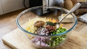 किसलेले चीज, बारीक चिरलेला कांदा आणि शिमला मिरची एका भांड्यात मोहरी पूड, ठेचलेली लाल मिरची, सुका पुदिना, मीठ आणि काळी मिरी मिसळा.