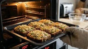 तयार ब्रेड कॅनपेस बेकिंग ट्रेवर ठेवतात आणि चीज वितळेपर्यंत आणि किंचित सोनेरी होईपर्यंत 200 डिग्री सेल्सिअस तपमानावर प्रीहेटेड ओव्हनमध्ये बेक करतात.