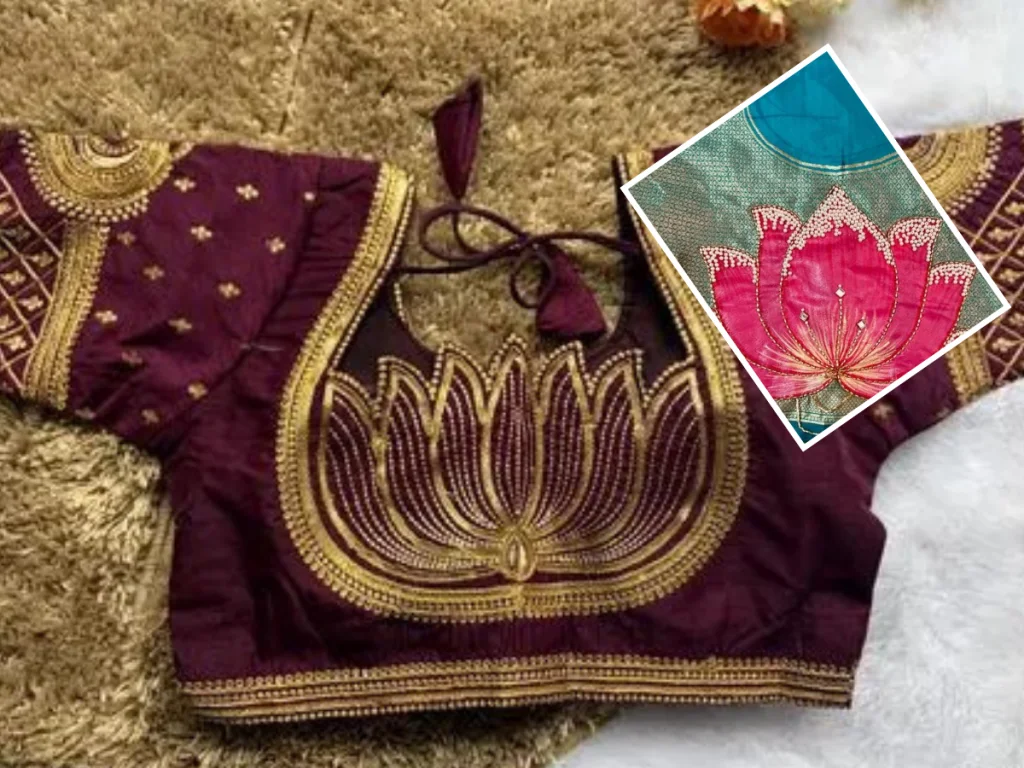 जरी थ्रेड वर्क कमळ ब्लाउज डिझाइन
