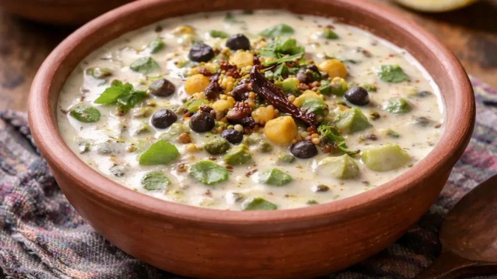 काकडी आणि चिकूची करी जिरे आणि मसाल्यांच्या हलक्या ठेक्यात, एका भांड्यात गरम सर्व्ह केली.