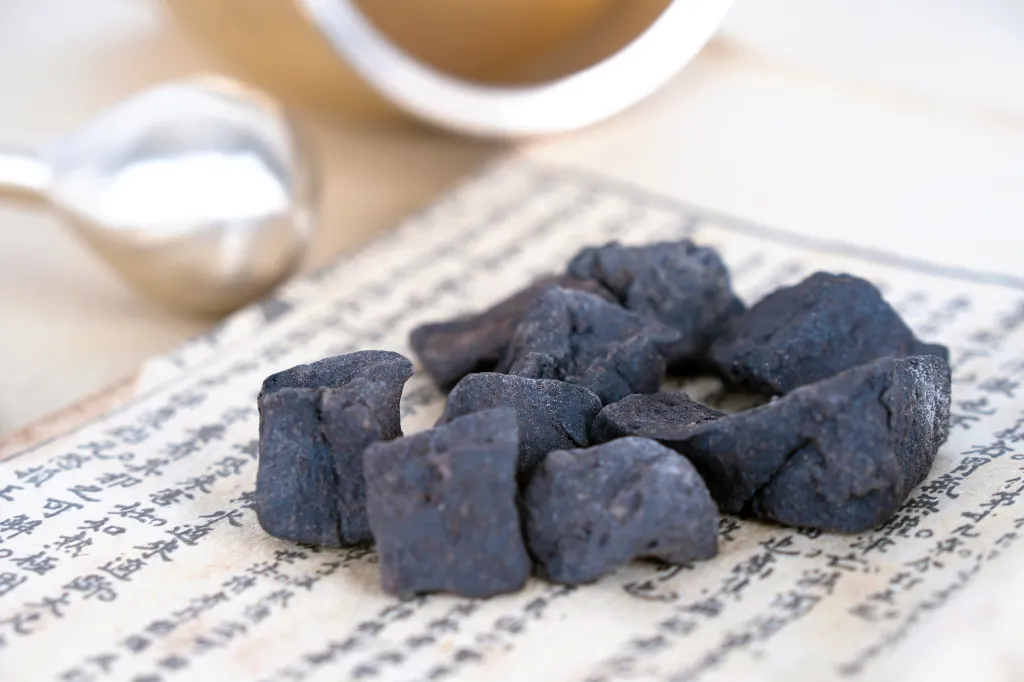 पारंपारिक चीनी वैद्यकीय ग्रंथांवरील पॉलिगोनम मल्टीफ्लोरम (हे शौ वू), पार्श्वभूमीत चांदीचा मुसळ आणि हर्बल चहाचा कप.