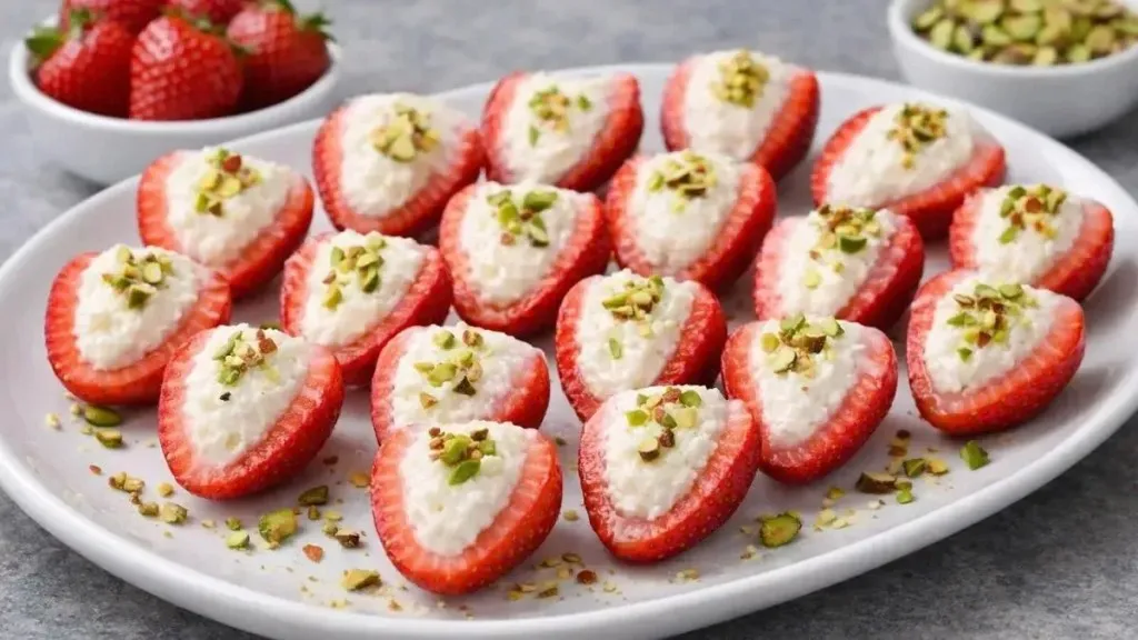 मलईदार पनीर संदेशने भरलेली स्ट्रॉबेरी आणि वर चिरलेला पिस्ते, एका पांढऱ्या प्लेटवर मांडलेले.