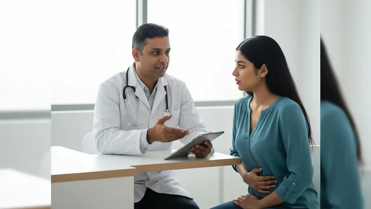 डॉक्टर एखाद्या महिलेला आरोग्याच्या समस्यांबद्दल सल्ला देत आहेत, शक्यतो वजन वाढणे किंवा अंतर्निहित परिस्थितीशी संबंधित.