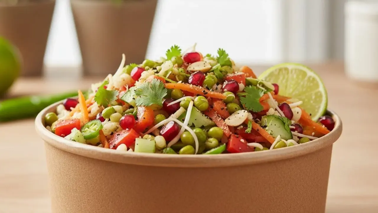 एका कागदाच्या डब्यात डाळिंबाच्या बिया, ताजी कोथिंबीर आणि चुना यांनी सजवलेले निरोगी अंकुरलेले मूग डाळ सॅलड वाडगा.