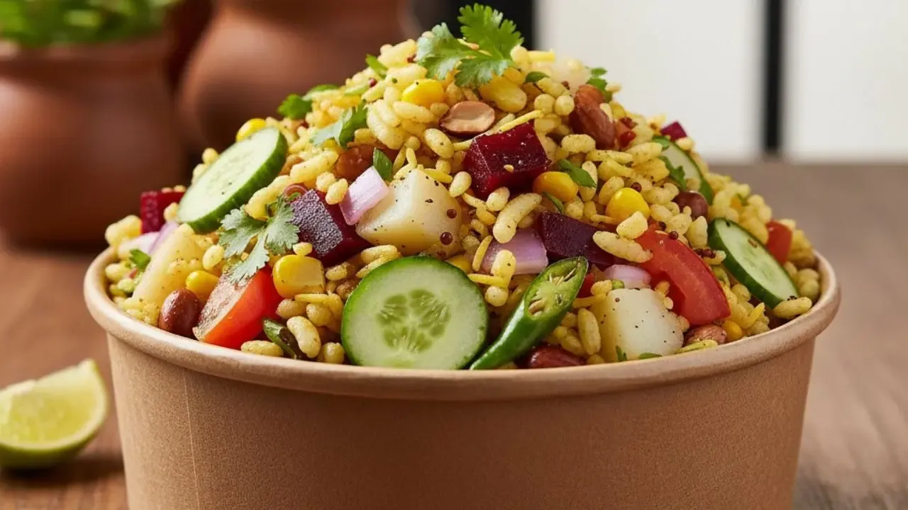 रंगीबेरंगी भेळ पुरी स्नॅक बाऊल फुगलेला तांदूळ, कुरकुरीत काकडीचे तुकडे, बीटरूटचे तुकडे, कॉर्न आणि ताज्या हिरव्या मिरच्या मिसळून.