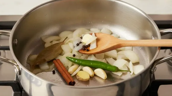 दालचिनी, तमालपत्र, हिरवी मिरची आणि लसूण यासह सुगंधी संपूर्ण मसाले एका स्टीलच्या पॅनमध्ये चिरलेल्या कांद्यासह परतून घ्या.