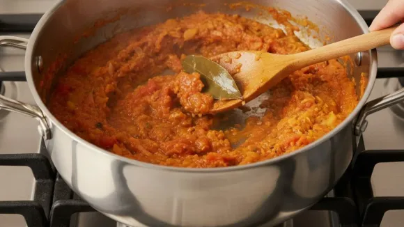 जाड नारंगी कढीपत्ता धातूच्या पॅनमध्ये उकळत असलेल्या लाकडी चमच्याने हिरवे तमालपत्र उचलते.