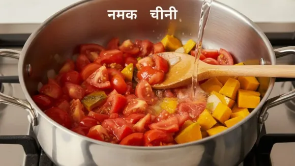 चिरलेल्या टोमॅटो आणि भोपळ्याच्या तुकड्यांमध्ये मीठ आणि साखरेसाठी हिंदी मजकुरासह स्वयंपाक भांड्यात पाणी घालणे.