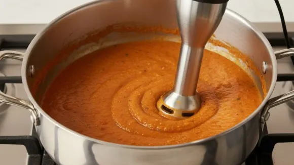 स्टेनलेस स्टीलच्या भांड्यात गुळगुळीत नारिंगी टोमॅटो प्युरी तयार करण्यासाठी सिल्व्हर हँड विसर्जन ब्लेंडर वापरणे.