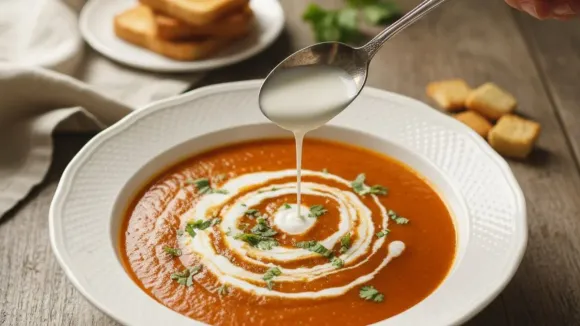 हिरवी कोथिंबीर असलेल्या जाड नारंगी टोमॅटो सूपच्या भांड्यात चमच्याने ताजे पांढरे क्रीम ओतणे.