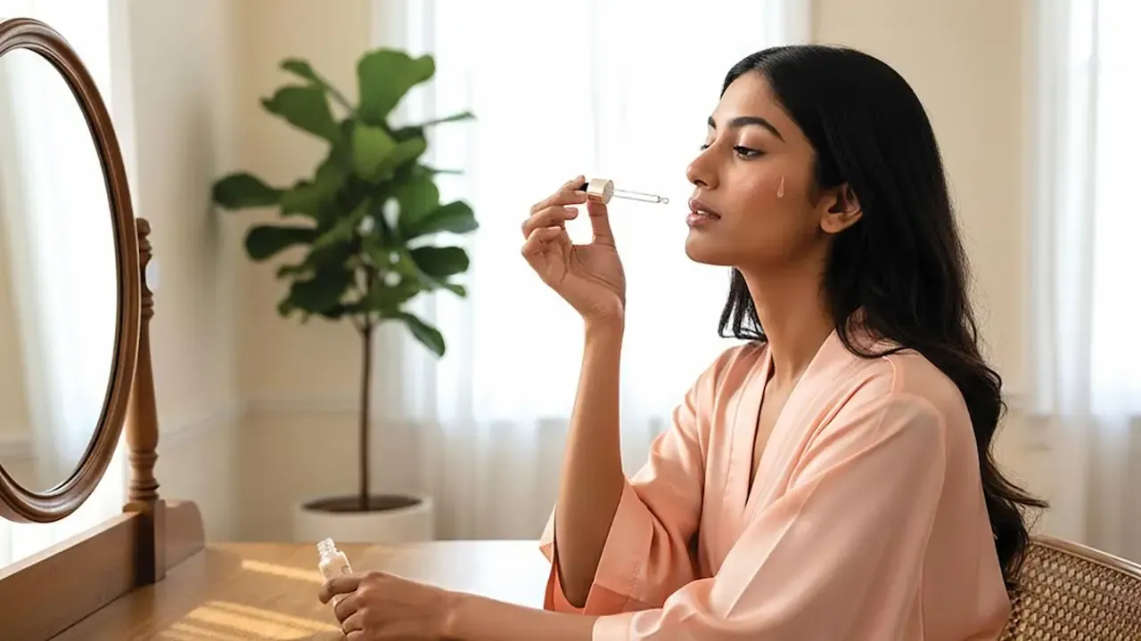 महिला ड्रॉपरसह चेहर्याचा सीरम लावत आहे, एक गुळगुळीत, दव असलेली 