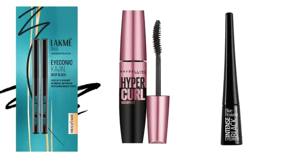 लॅक्मे आयकॉनिक काजल, मेबेलाइन हायपर कर्ल मस्कारा आणि ब्लू हेवन लिक्विड आयलाइनरसह डोळ्यांच्या मेकअपसाठी आवश्यक वस्तूंचा संग्रह.
