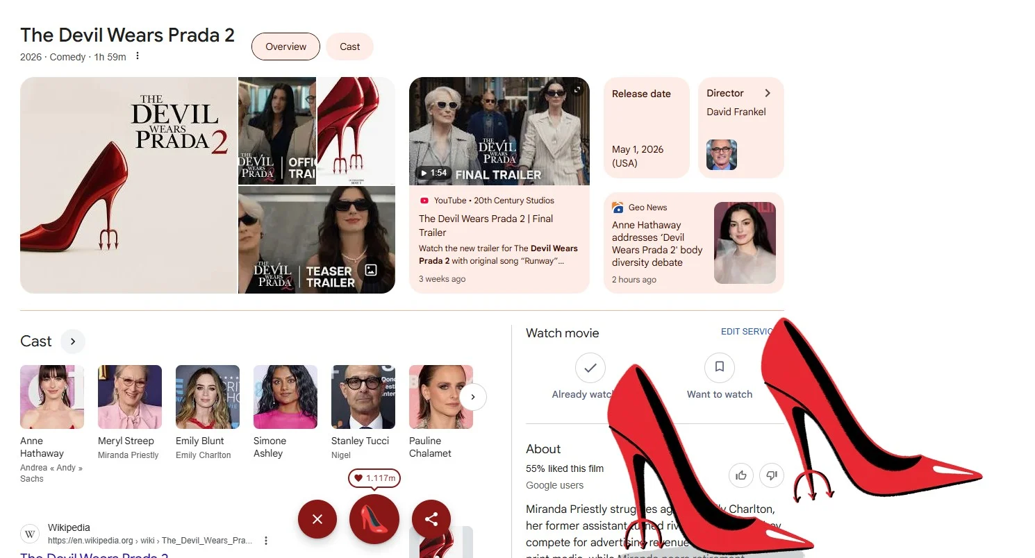 फंकी 'डेव्हिल वेअर्स प्राडा 2' मोशन ग्राफिक्ससह Google लक्ष वेधून घेते