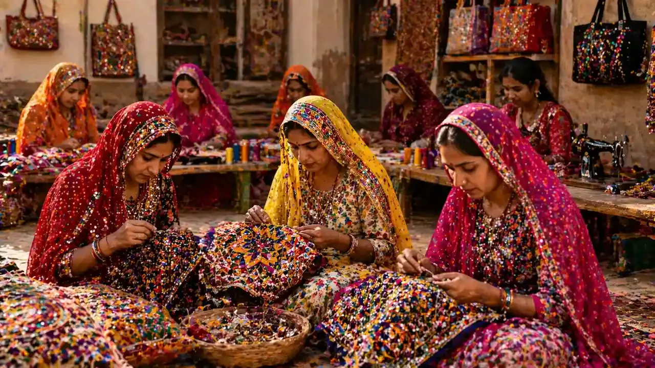 आर्मर गावातील महिला पारंपारिक कापडांवर रंगीत भरतकाम करत, हस्तकला कार्यशाळेत एकत्र काम करतात, बचत गटांचे प्रदर्शन, कौशल्य प्रशिक्षण आणि स्थानिक कापड कलेद्वारे महिला सक्षमीकरण