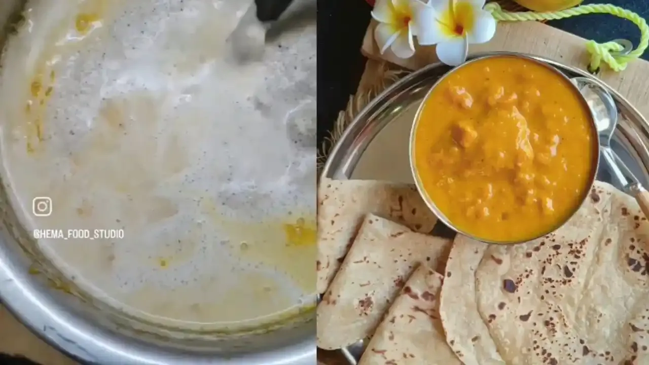मलईदार मँगो सासमी करी चांदीच्या भांड्यात मऊ रोट्यांसह पारंपारिक लाकडी किचन काउंटरवर दिली जाते.
