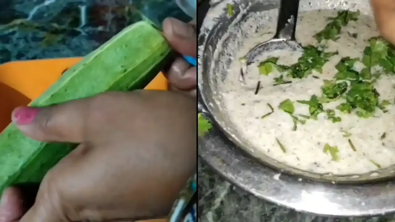 स्प्लिट इमेज हातांना ताजी हिरवी काकडी सोलताना आणि कोथिंबिरीने सजवलेला क्रीमी काकडी रायता तयार करताना दाखवत आहे.