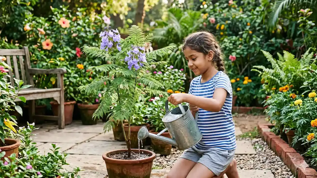 मेटल वॉटरिंग कॅन वापरून भांड्यात जांभळ्या जाकरंडाच्या लहान झाडाला पाणी घालणारी हसणारी तरुण मुलगी.