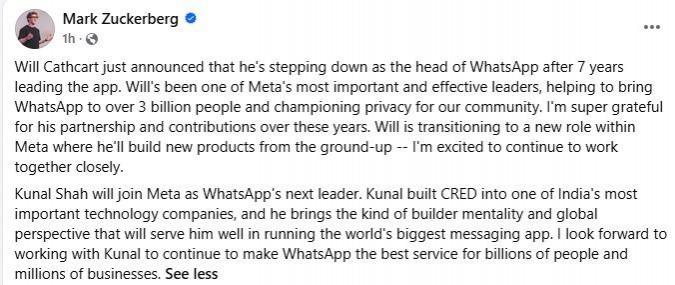 कुणाल शाह यांनी CRED CEO पदाचा राजीनामा दिला आहे आणि Meta मध्ये WhatsApp चे जागतिक प्रमुख म्हणून रुजू झाले आहेत. मेटा ने CRED मध्ये USD 900 दशलक्ष गुंतवले, त्याचे मूल्य USD 4.5 बिलियन इतके आहे. CRED ने विस्तार आणि IPO ची तयारी सुरू ठेवल्याने मितेन संपत हे अंतरिम CEO झाले.