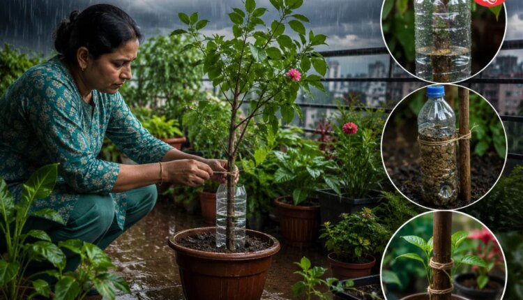 old plastic bottle trick to protect plants from monsoon winds
